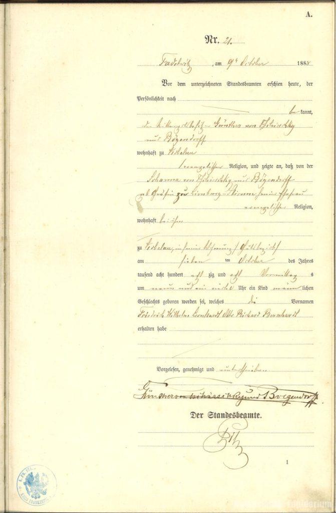 Akt urodzenia Bernhardt von Limburg Stirum, AP we Wrocławiu, sygn. 82/1714/0/1/15