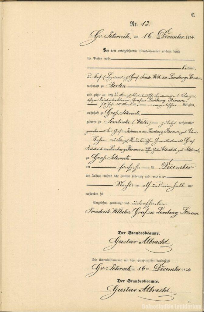 Akt zgonu Friedrich Adrian von Limburg Stirum, AP we Wrocławiu, sygn. 82/1400/0/3/1