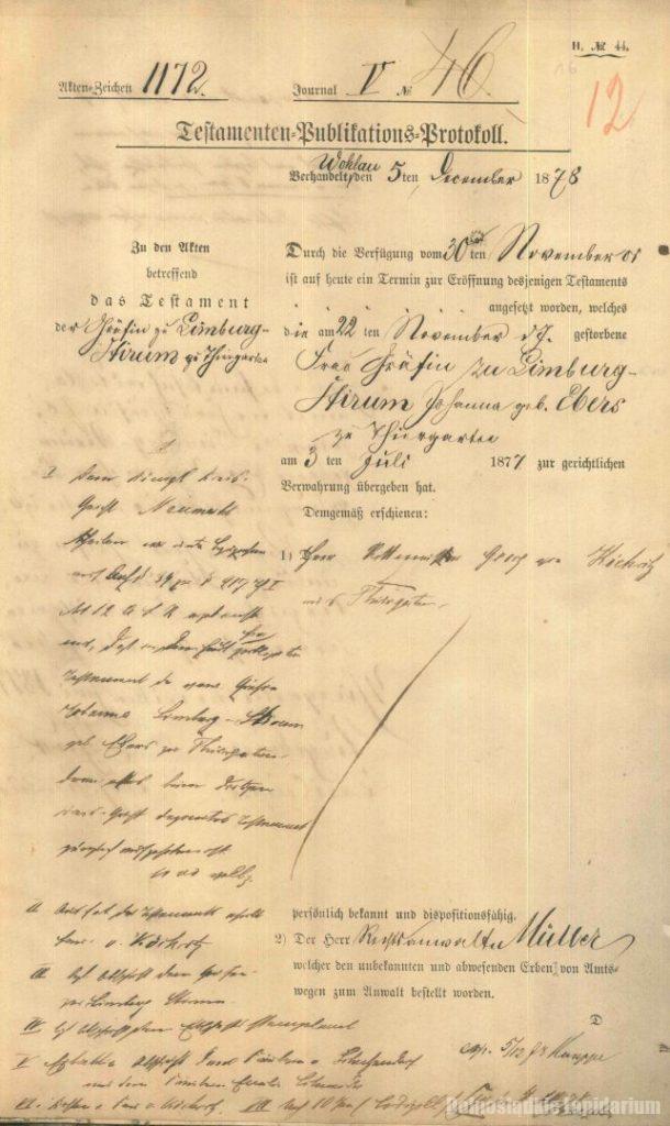 Testament Johanny Limburg Stirum z domu Ebers, AP we Wrocławiu, sygn. 82/582/0/5/5443