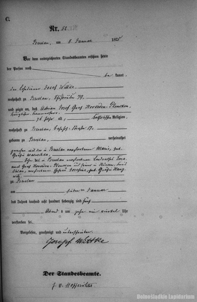 Akt zgonu Adrian Josef von Hoverden Plencken, AP we Wrocławiu, sygn. 82/1426/0/3/2